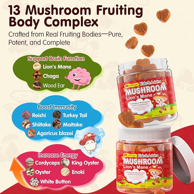 Kids, Teens & Adults Focus Gummies - Lions Mane Mushroom + Saffron + Algae Omega-3, 24-IN-1 Attention Supplement with Chaga, Magnesium, Methylated B12, B6 for Brain, Memory, Energy, Sugar Free, 2Pack