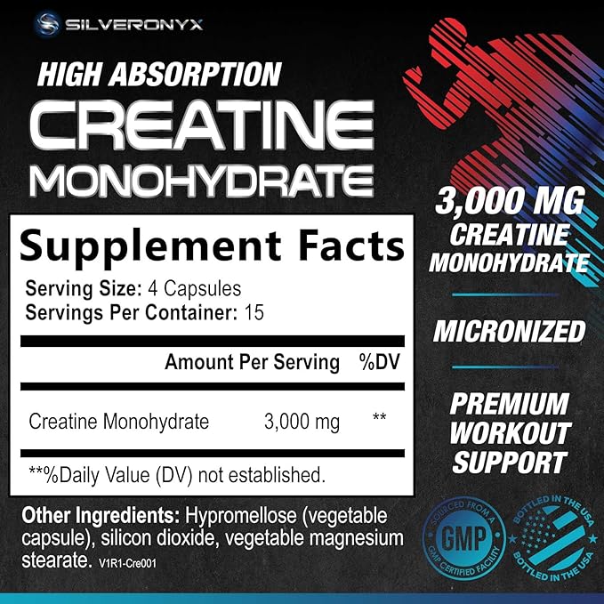 Creatine Monohydrate 3000mg Per Serving - 3X Strength Micronized Creatine Powder - Supports Lean Muscle, Strength, Energy, & Endurance - All Natural Supplement, Non-GMO, Bottled in USA - 60 Capsules