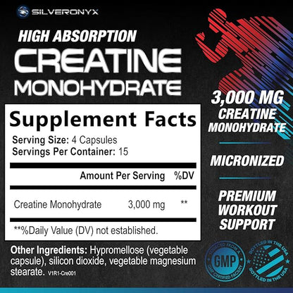 Creatine Monohydrate 3000mg Per Serving - 3X Strength Micronized Creatine Powder - Supports Lean Muscle, Strength, Energy, & Endurance - All Natural Supplement, Non-GMO, Bottled in USA - 60 Capsules