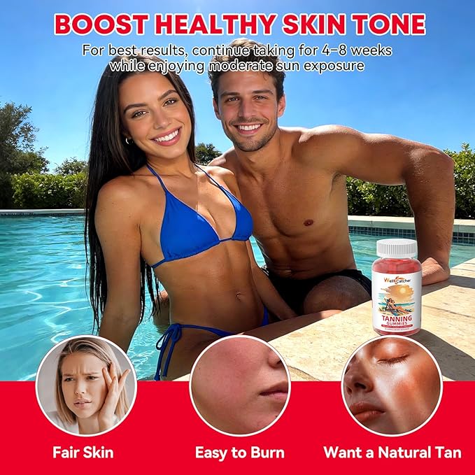 Tanning Gummies Supplement for Women Men: Daily Bronzing Tanning Gummies with Astaxanthin Beta-Carotene L-Tyrosine Lycopene, Melanin Supplement for Natural Glow Healthy Skin Sun Sensitivity Vegan 60CT