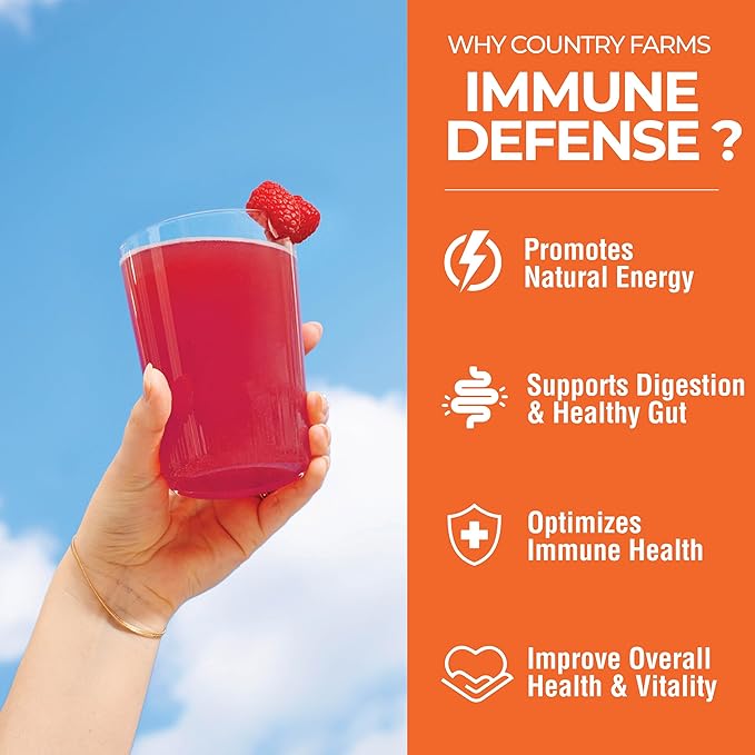 Country Farms Immune Defense Superfoods, Immune Support Supplement, Vitamin C with Black Elderberry, Echinacea, Turmeric, Supports Hydration, with Probiotics and Prebiotics, Berry Flavor, 60 Servings