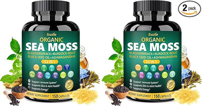 Bualle Irish Sea Moss Capsules – Organic Sea Moss, Black Seed Oil, Ashwagandha Supplements with Bladderwrack, Ginger & Burdock Root – Supports Daily Wellness, Skin & Energy – 150 Capsules,(Pack of 2)