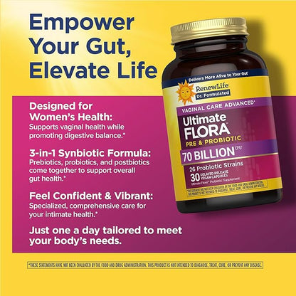 Renew Life Ultimate Flora Probiotics for Women 70 Billion CFU Delayed Release Vegan Capsules | Doctor Formulated | Vaginal | Digestive Health | Immune Health | Dairy Free | 30 Count