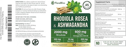 FloraBliss Rhodiola Rosea with Ashwagandha KSM-66, L-Theanine, Holy Basil & Black Pepper - 90 High Potency Vegan Capsules - 45-Day Supply