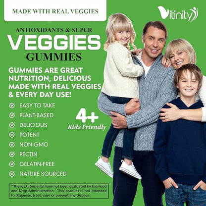 VITINITY Super Greens Multivitamin Gummies | Made with 30 Real Superfood Veggies, Herbs, Fruit for Adults & Kids to Boost Immunity, Skin & Gut Health | Non-GMO, Gluten-Free & Sugar-Free 60-Day Supply