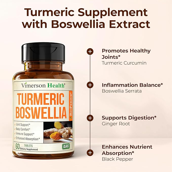 Boswellia Serrata Turmeric Supplement for Joint Support & Inflammation Balance – Turmeric Boswellia Supplement with Ginger & Black Pepper Extract for Enhanced Absorption – Non-GMO - 60 Tablets