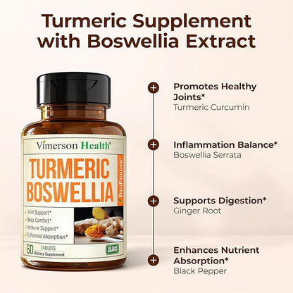 Boswellia Serrata Turmeric Supplement for Joint Support & Inflammation Balance – Turmeric Boswellia Supplement with Ginger & Black Pepper Extract for Enhanced Absorption – Non-GMO - 60 Tablets