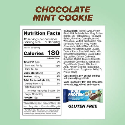 Pure Protein Chocolate Mint Cookie Protein Bars – 20g Protein, 3g Sugar, 190 Calories (12 count) Low Sugar* High Protein Snack - Gluten Free - Perfect for a Healthy Snack