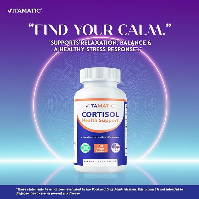 Vitamatic Cortisol Health Support - 90 Veggie Capsules - Made with Adaptogenic Blend with Ashwagandha, Rhodiola, Magnolia, L-Theanine, Phosphatidylserine