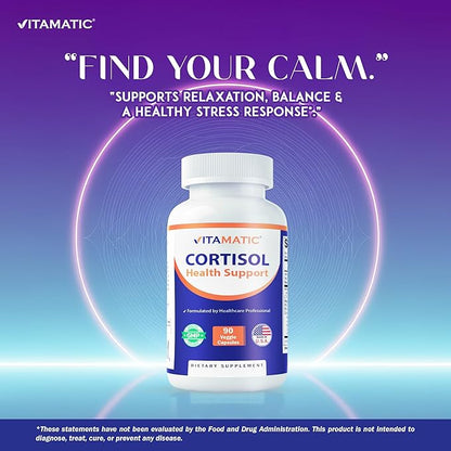 Vitamatic Cortisol Health Support - 90 Veggie Capsules - Made with Adaptogenic Blend with Ashwagandha, Rhodiola, Magnolia, L-Theanine, Phosphatidylserine
