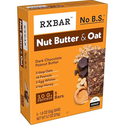RXBAR Nut Butter and Oat Protein Bars, Protein Snacks, Dark Chocolate Peanut Butter (6 Boxes, 30 Bars)