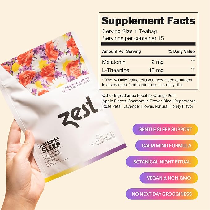 Zest Sleep Tea - 2mg Melatonin Tea for Sleep - Chamomile Lavender Herbal Blend - 15Ct Pack - Calming & Relaxing Ingredients for a Perfectly Sleepy Bedtime