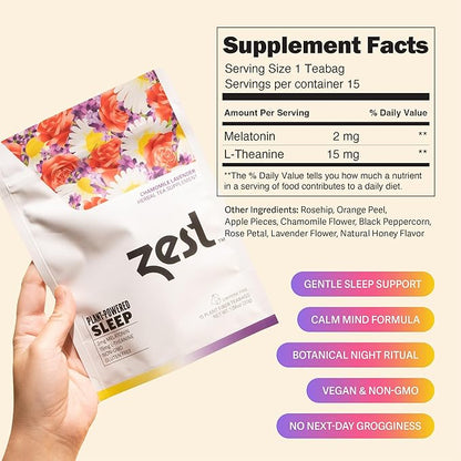 Zest Sleep Tea - 2mg Melatonin Tea for Sleep - Chamomile Lavender Herbal Blend - 15Ct Pack - Calming & Relaxing Ingredients for a Perfectly Sleepy Bedtime