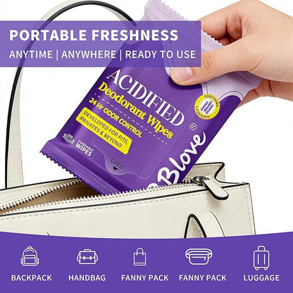 Acidified Body Wipes - 24H Odor Control, pH Balanced for Underarms & Whole Body, Aluminum-Free & Skin-Loving Formula, 80 Wipes