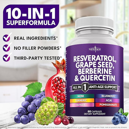 NEW AGE Resveratrol, Berberine, Grape Seed Extract, Quercetin, Supplement for Women and Men with Noni, N-Acetyl Cysteine, Acai - 120 Capsules