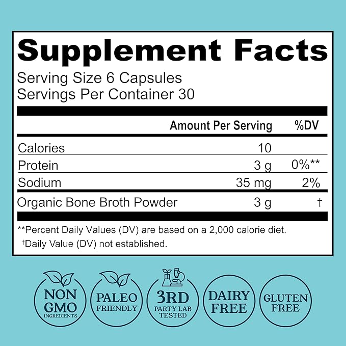 Grass-Fed Bone Broth Capsules with Collagen from Organic Bone Broth Powder. Collagen Supplement for Nails, Hair, Joints and Digestive Health* Support. Gut Friendly-Ingredients, 180 Capsules
