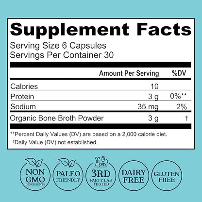 Grass-Fed Bone Broth Capsules with Collagen from Organic Bone Broth Powder. Collagen Supplement for Nails, Hair, Joints and Digestive Health* Support. Gut Friendly-Ingredients, 180 Capsules