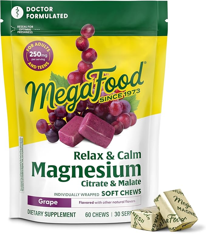 MegaFood Relax + Calm Magnesium Complex with Magnesium Citrate & Malate for Heart Health, Muscle Tension & More – Doctor Formulated - Vegetarian – Grape Flavor - 60 Soft Chews (30 Servings)