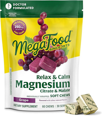 MegaFood Relax + Calm Magnesium Complex with Magnesium Citrate & Malate for Heart Health, Muscle Tension & More – Doctor Formulated - Vegetarian – Grape Flavor - 60 Soft Chews (30 Servings)