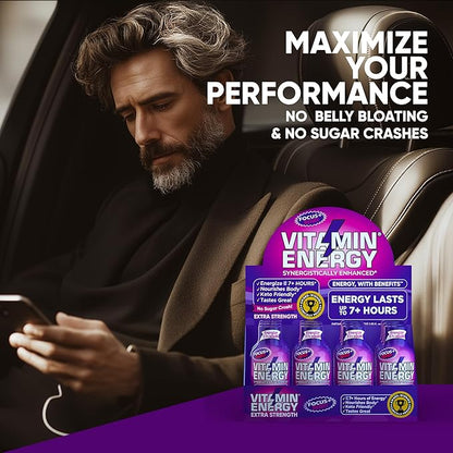 Vitamin Energy Focus+ Extra Strength Energy Shot Berry 12 Pack, 260mg Natural Caffeine, B-Vitamins, CoQ10, Amino Acids, Focus, Productivity & Clarity, Zero Sugar, Gluten-Free, 1.93 fl oz