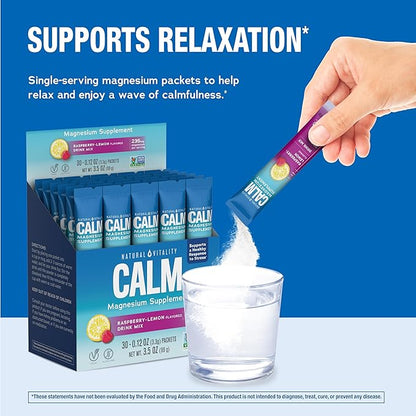 Natural Vitality Calm, Magnesium Citrate Supplement, Anti-Stress Drink Mix Powder - Gluten Free, Vegan, & Non-GMO, Raspberry Lemon, 0.12 oz, 30 Packets