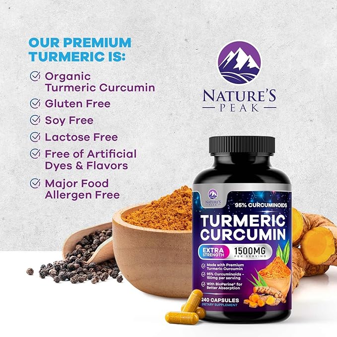 Turmeric Curcumin Supplement - 1350mg Organic Turmeric Per Serving - 95% Curcuminoids & BioPerine Black Pepper Extract for Best Absorption - Natural Vegan Joint Support, Bottled in USA - 240 Capsules
