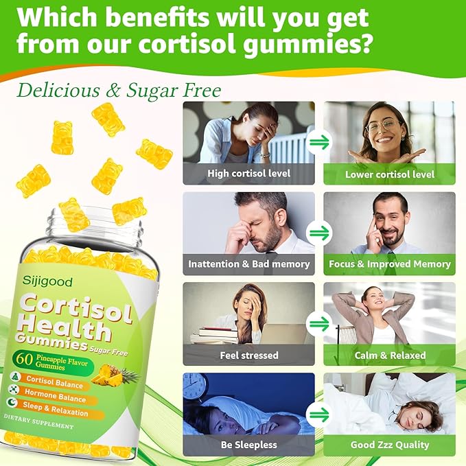 Cortisol Gummies - Cortisol Supplements for Women & Men with Ashwagandha, Magnesium, L-theanine for Cortisol Balance, Support Relaxation, Energy, Zzz, Pineapple Flavor, 120Ct