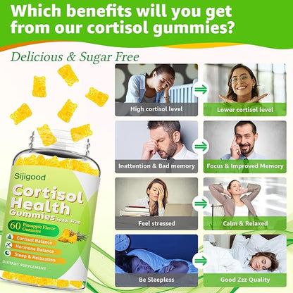 Cortisol Gummies - Cortisol Supplements for Women & Men with Ashwagandha, Magnesium, L-theanine for Cortisol Balance, Support Relaxation, Energy, Zzz, Pineapple Flavor, 120Ct