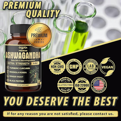 5in1 Premium Ashwagandha Capsules - Added Turmeric, Rhodiola Rosea, Ginger, Black Pepper - 180 Caps for 6 Months