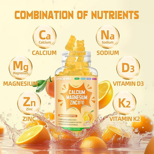 Calcium Magnesium Zinc Gummies with Vitamin D3 & K2 - High Potency Enhanced Absorption -120 Orange Gummies