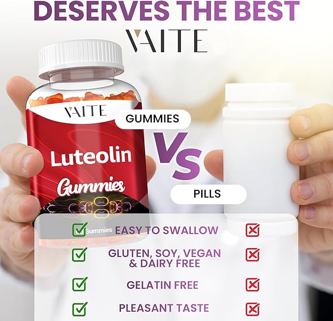 Luteolin 100mg Supplement - Vegan, Non-GMO, Sugar-Free, Easy to Swallow - Antioxidant Complex for Brain Health, Memory, Cognitive Function, Mood & Energy for Men and Women - 60 Chewable Gummies