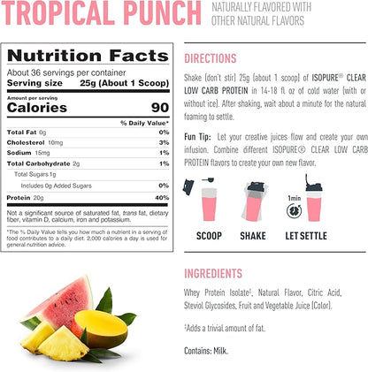 Isopure Clear Whey Isolate Protein Powder, Lactose Free, Gluten Free, Naturally Flavored, Tropical Punch, 20g Protein Per Serving, 1.9 Lbs, 36 Servings (Packaging May Vary)