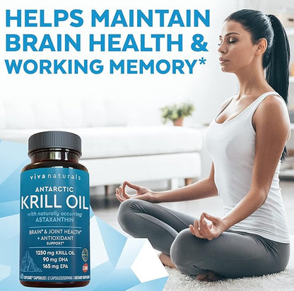Viva Naturals Antarctic Krill Oil 1250 mg, Omega 3 EPA DHA and Astaxanthin, Joint Support and Brain Supplement with Antioxidant Properties, No Fishy Aftertaste (Pack of 6)