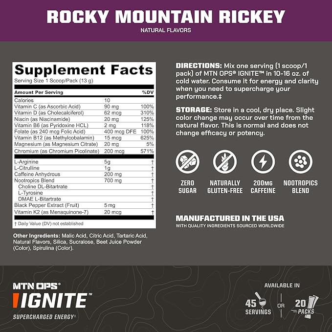 MTN OPS Ignite Sugar Free Energy Drink Powder Trail Packs with 200mg Caffeine, Travel Pre Workout Packets for To-Go Energy, Nootropic Blend, L Arginine & Citrulline, 20 Servings, Rocky Mountain Rickey
