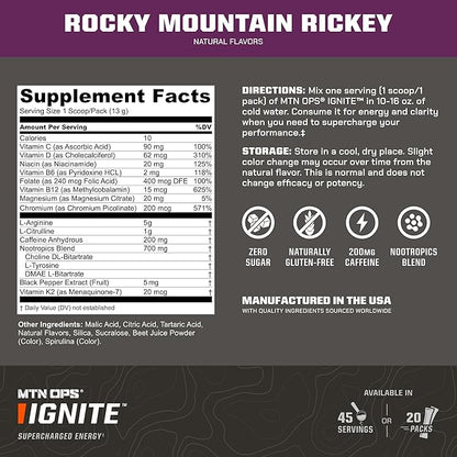 MTN OPS Ignite Sugar Free Energy Drink Powder Trail Packs with 200mg Caffeine, Travel Pre Workout Packets for To-Go Energy, Nootropic Blend, L Arginine & Citrulline, 20 Servings, Rocky Mountain Rickey