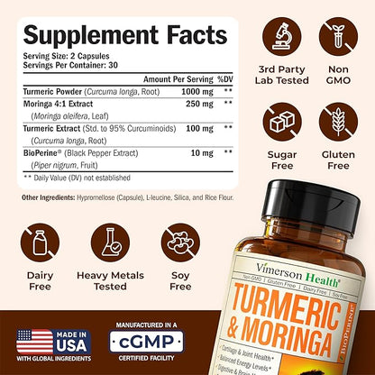 Moringa Turmeric Curcumin Supplement for Joint Health, Gut Health, Energy & Immune Support – Turmeric Curcumin with Black Pepper – Total Wellness Formula with Tumeric Moringa Pure Capsules – 2 Pack