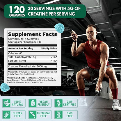 NSF Certified Creatine Gummy 5g.Creatine Monohydrate Gummies for Men & Women, Creatine Monohydrate for Muscle Strength, Muscle Builder, Energy Boost, Pre-Workout Supplement(120 Count)-Blueberry Flavor