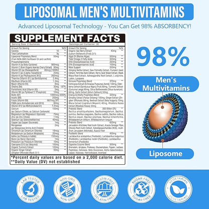 60-IN-1 Liposomal 120+ Nutrients Men's Multivitamin Gummy 4500MG+ Overall,300Billion Probiotics, Algal DHA, CoQ10, Turmeric & Herbal Blends,for Immune, Energy, Prostate, Heart, and Digestive Wellness