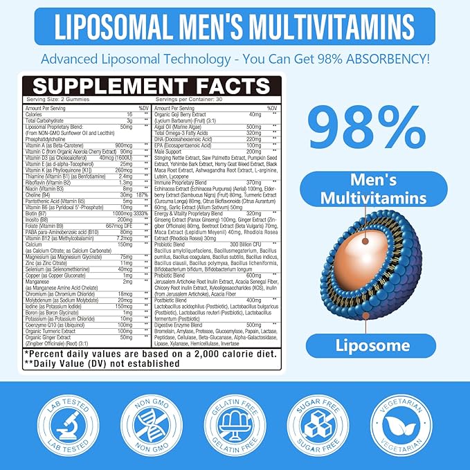 2 Pack 60-IN-1 Liposomal Methylated Multivitamin Gummy for Men Overall 4500MG+,Vitamin A C D3 K E B Complex ,Probiotics,Omega 3,CoQ10,Zinc,120+ Nutrients,for Immune,Heart and Digestive Wellness