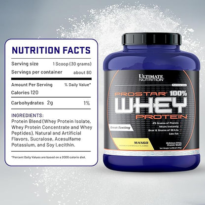 Ultimate Nutrition Prostar Whey Protein Powder Isolate, Mango - Low Carb, High Protein Powder Shake for Muscle Gain & Recovery - Low Sodium, Low-Fat & Keto Friendly - 5.28 lbs Tub