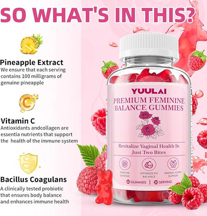 Premium Feminine Balance Gummies, Hawaiian Pineapple Feminine Gummies for Women PH Balance & Vaginal Health, Vegan, 60 Gummies