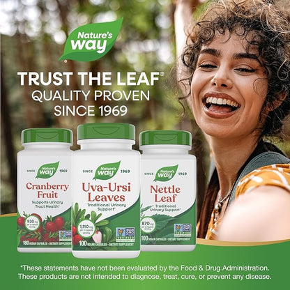 Nature's Way Uva Ursi Leaves, Traditional Urinary Support*, 1,110 mg per 3-Capsule Serving, Non-GMO Project Verified, Herbal Dietary Supplement, Gluten Free, 100 Vegan Capsules (Packaging May Vary)