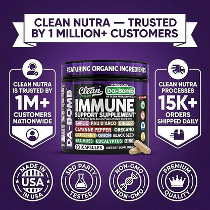 Organic Immune Support with PAU D'Arco Garlic Cayenne Pepper Oregano Ginger Grapefruit Onion Black Seed Sea Moss Black Pepper Zinc Eucalyptus Vitamin C Vitamin D Organic Soursop By Clean Nutra