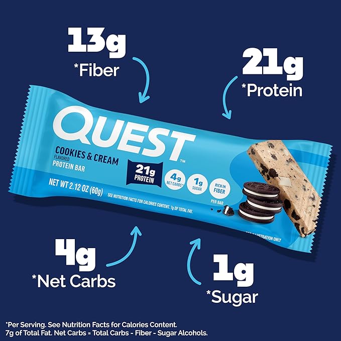 Quest Nutrition Cookies & Cream Protein Bars, 21g Protein, 4g Net Carbs, 1g Sugar, High Fiber, Gluten Free, Keto Friendly, 4 Count