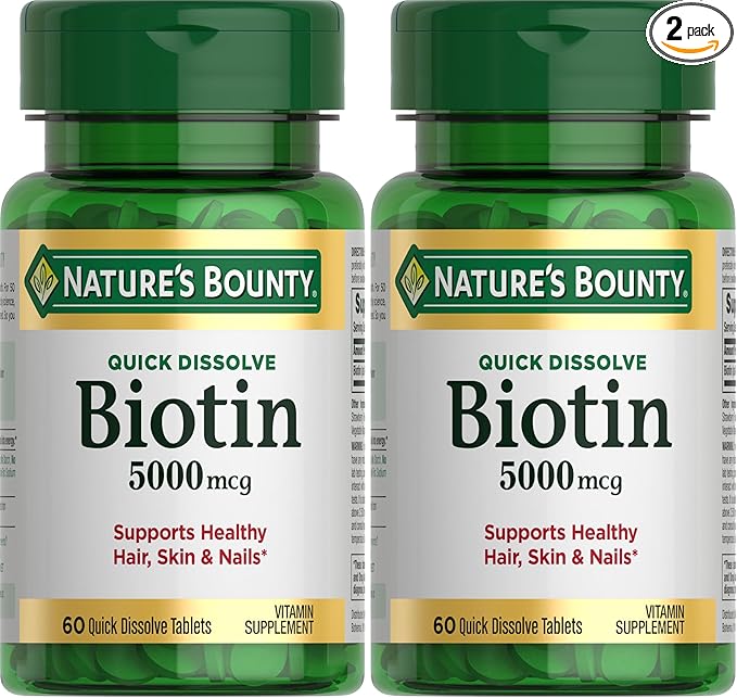 Nature's Bounty Biotin, Supports Metabolism for Cellular Energy and Healthy Hair, Skin, and Nails, 5000 mcg, 60 Quick Dissolve Tablets, (Pack of 2)