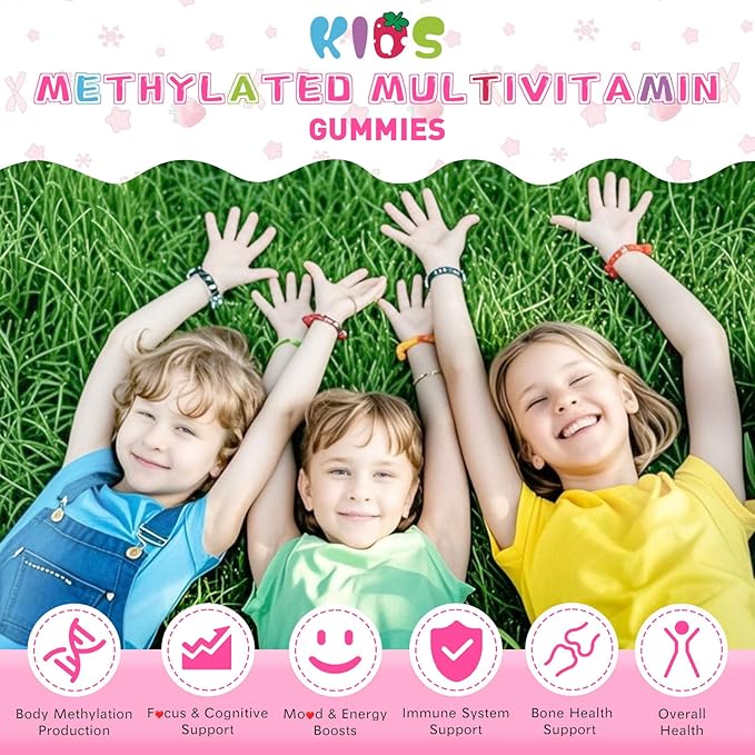 Kids Methylated Multivitamin Chewable Gummies, MTHFR Supplement with L Methylfolate, Magnesium, Biotin, Choline, Inositol, DHA, TMG & Coq 10, Immune & Brain Support, Strawberry Flavor, 120 Ct