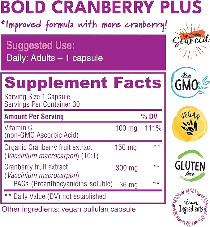 Bold Cranberry Plus Capsules - 100% Soluble 36mg PACs - Cranberry Pills for Women & Men with Urinary Tract Support, Non-GMO Vitamin C — 30 Vegan Capsules, 1 Month Supply