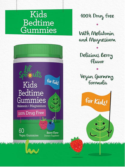 Lil' Sprouts Kids Melatonin & Magnesium | Bedtime Gummies | 60 Count | Berry Flavor | 100% Drug Free | Non-GMO and Gluten Free