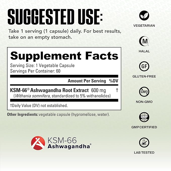 NutraBio Ashwagandha KSM-66 | Ashwagandha Herbal Supplement for Stress, Mood, & Performance | 600 MG of Clinically Studied KSM66 60 Capsules