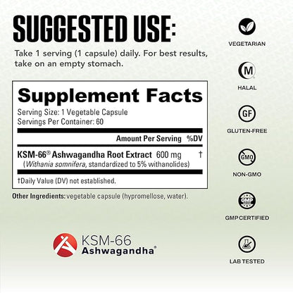 NutraBio Ashwagandha KSM-66 | Ashwagandha Herbal Supplement for Stress, Mood, & Performance | 600 MG of Clinically Studied KSM66 60 Capsules